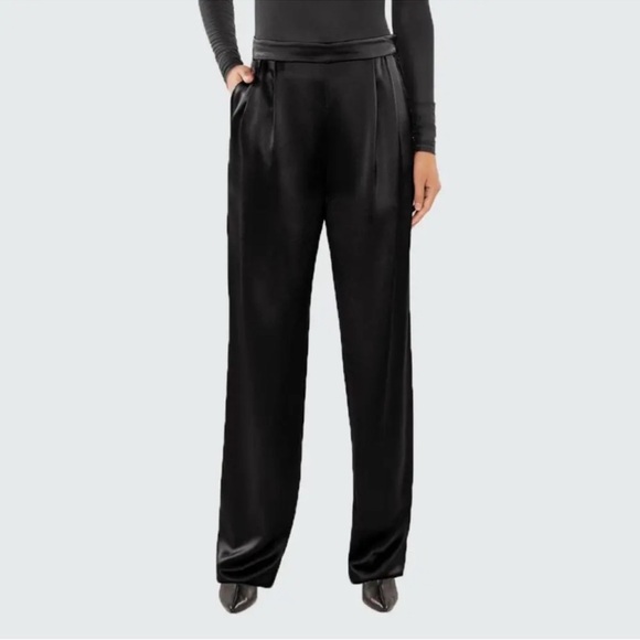 Cinq a Sept Alexi Black Satin Pants Size 4 Straight Leg High Rise Side Zip - Picture 1 of 15